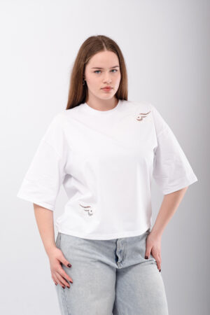 Футболка жіноча сучасний дизайн "Ластівки" біла рішельє оверсайз